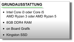 GRUNDAUSSTATTUNG •	Intel Core i3 oder Core i5AMD Ryzen 3 oder AMD Ryzen 5 •	8GB DDR4 RAM •	on Board Grafik •	Kingston SSD