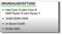 GRUNDAUSSTATTUNG •	Intel Core i3 oder Core i5AMD Ryzen 5 oder Ryzen 7 •	16GB DDR4 RAM •	on Board Grafik •	NVMe SSD